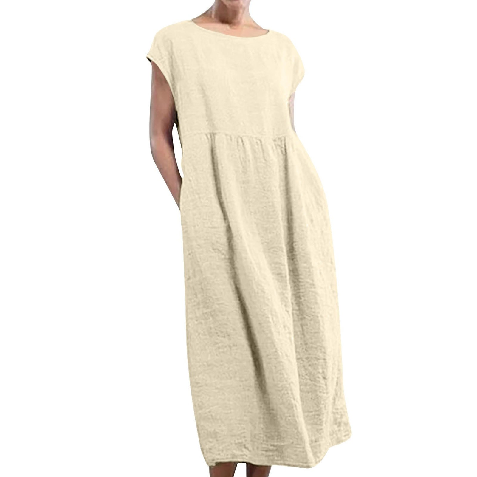 thumbnail image 2 of Vestido largo tipo caftán sin mangas con cuello redondo y bolsillos para mujer - Corte holgado, tejido de lino, informal/de fiesta para el verano - Tallas S-XXXXXL, 2 of 2